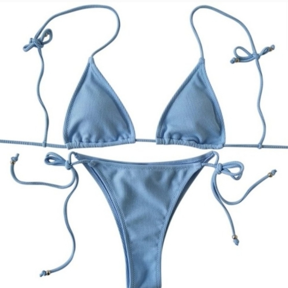 New Blue Ribbed Tie Shoulder Tie Side Triangle Bikini Set Swimsuit Size L - Picture 4 of 5